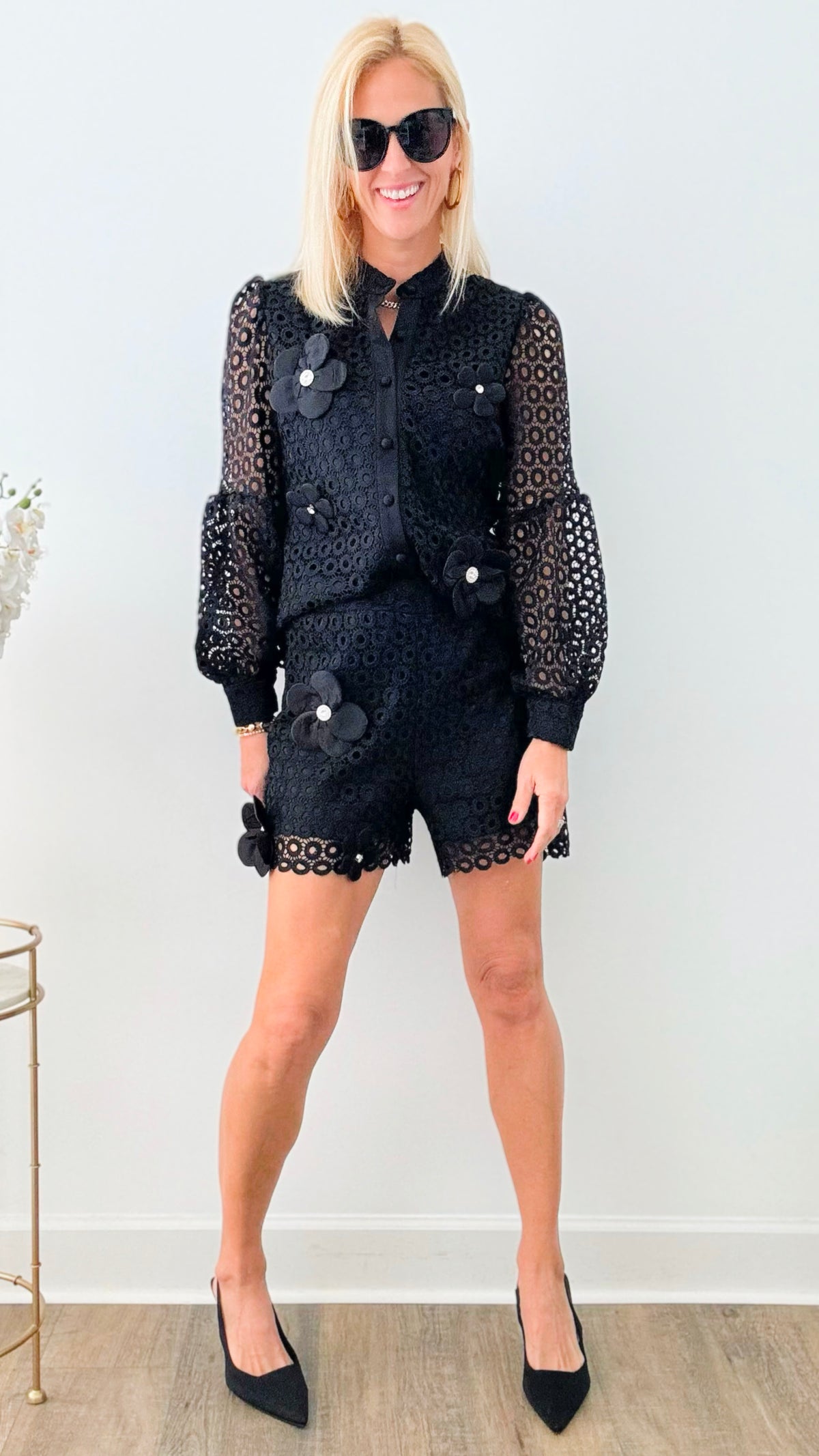 Lace CZ Floral Elegant Set - Black-210 Loungewear/Sets-CBALY-Coastal Bloom Boutique, find the trendiest versions of the popular styles and looks Located in Indialantic, FL