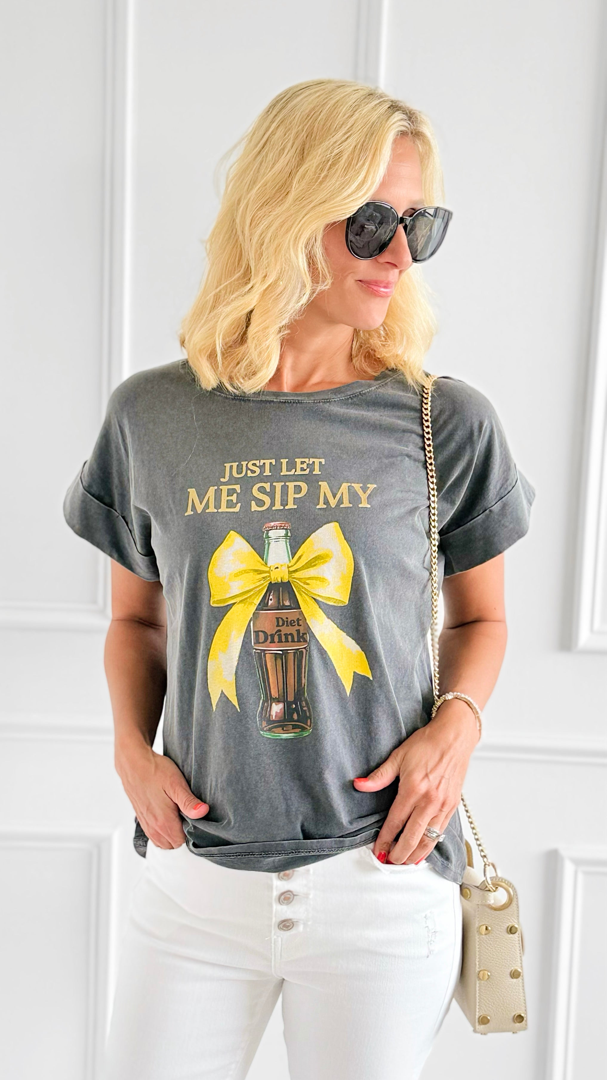 Bow & Drink Italian Graphic Tee-110 Short Sleeve Tops-FIRSTAGE-Coastal Bloom Boutique, find the trendiest versions of the popular styles and looks Located in Indialantic, FL