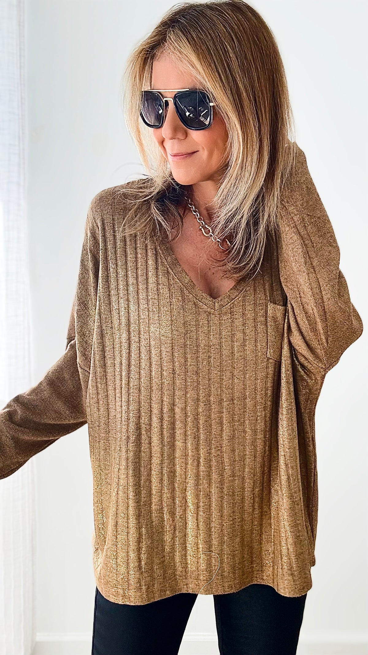 Shimmer and Shine V-Neck Italian Ribbed Pullover - Camel-140 Sweaters-Germany-Coastal Bloom Boutique, find the trendiest versions of the popular styles and looks Located in Indialantic, FL