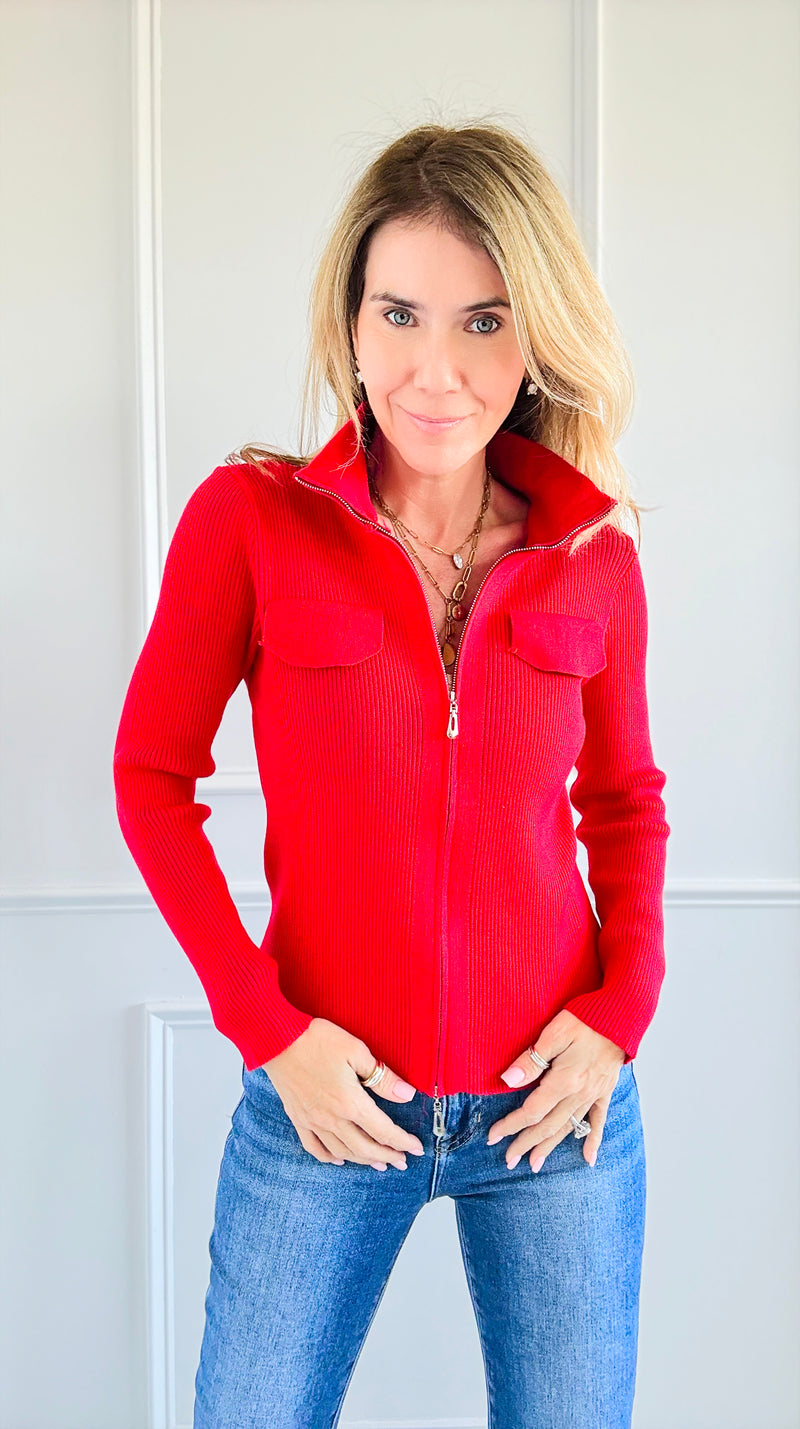 Bold Elegance Zip-Up Knit Top - Red-130 Long Sleeve Tops-Chasing Bandits-Coastal Bloom Boutique, find the trendiest versions of the popular styles and looks Located in Indialantic, FL