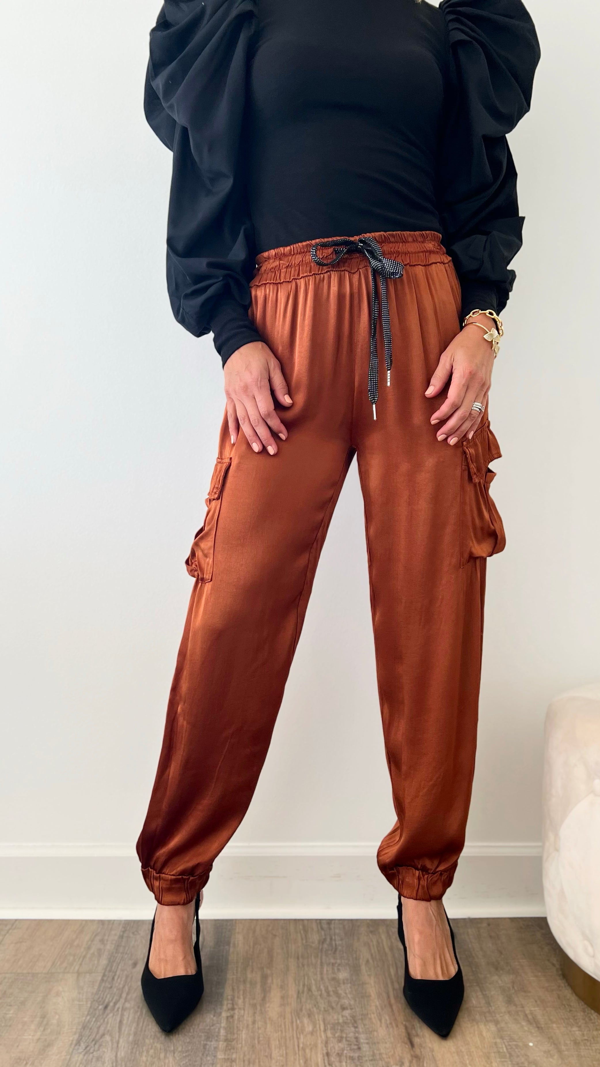 Glossy Cargo Italian Pant -Tobacco-180 Joggers-Look Mode-Coastal Bloom Boutique, find the trendiest versions of the popular styles and looks Located in Indialantic, FL