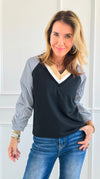 Riviera V-Neck Stripe Blouse -Black-130 Long Sleeve Tops-Chasing Bandits-Coastal Bloom Boutique, find the trendiest versions of the popular styles and looks Located in Indialantic, FL