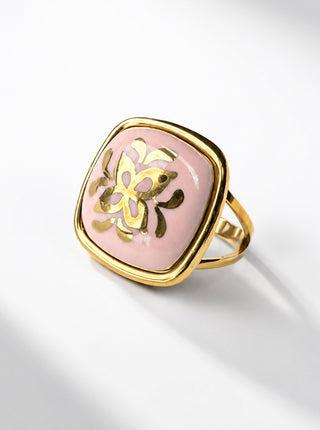 Matera Golden Hand-Painted Artisan Square Ring - Pink