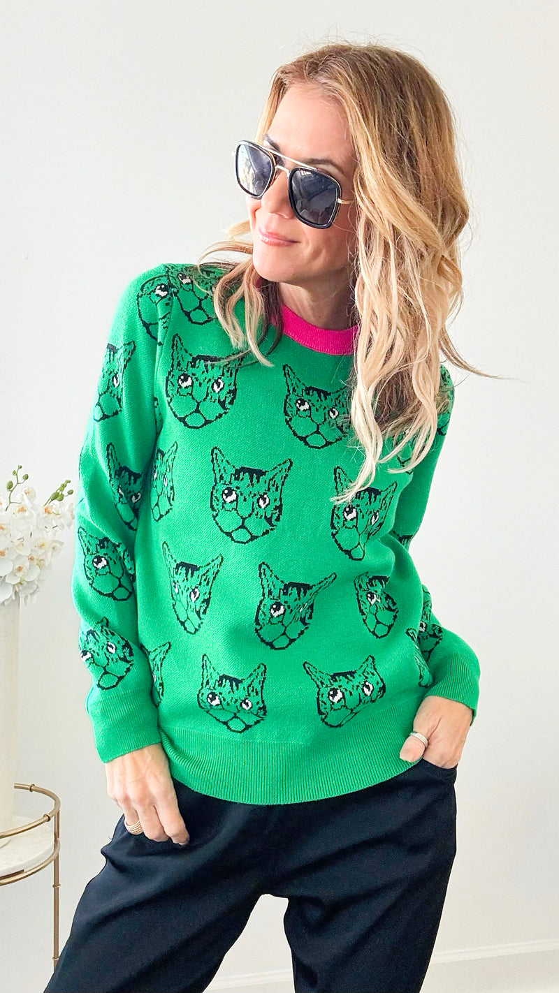 Pop Cat Sweater - Green-140 Sweaters-Chasing Bandits-Coastal Bloom Boutique, find the trendiest versions of the popular styles and looks Located in Indialantic, FL