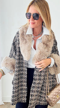 Tweed Faux Fur Cape - Beige-150 Cardigans/Layers-original usa-Coastal Bloom Boutique, find the trendiest versions of the popular styles and looks Located in Indialantic, FL