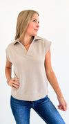 Lemon Drop Collared Knit Top - Taupe-100 Sleeveless Tops-Tres Bien-Coastal Bloom Boutique, find the trendiest versions of the popular styles and looks Located in Indialantic, FL