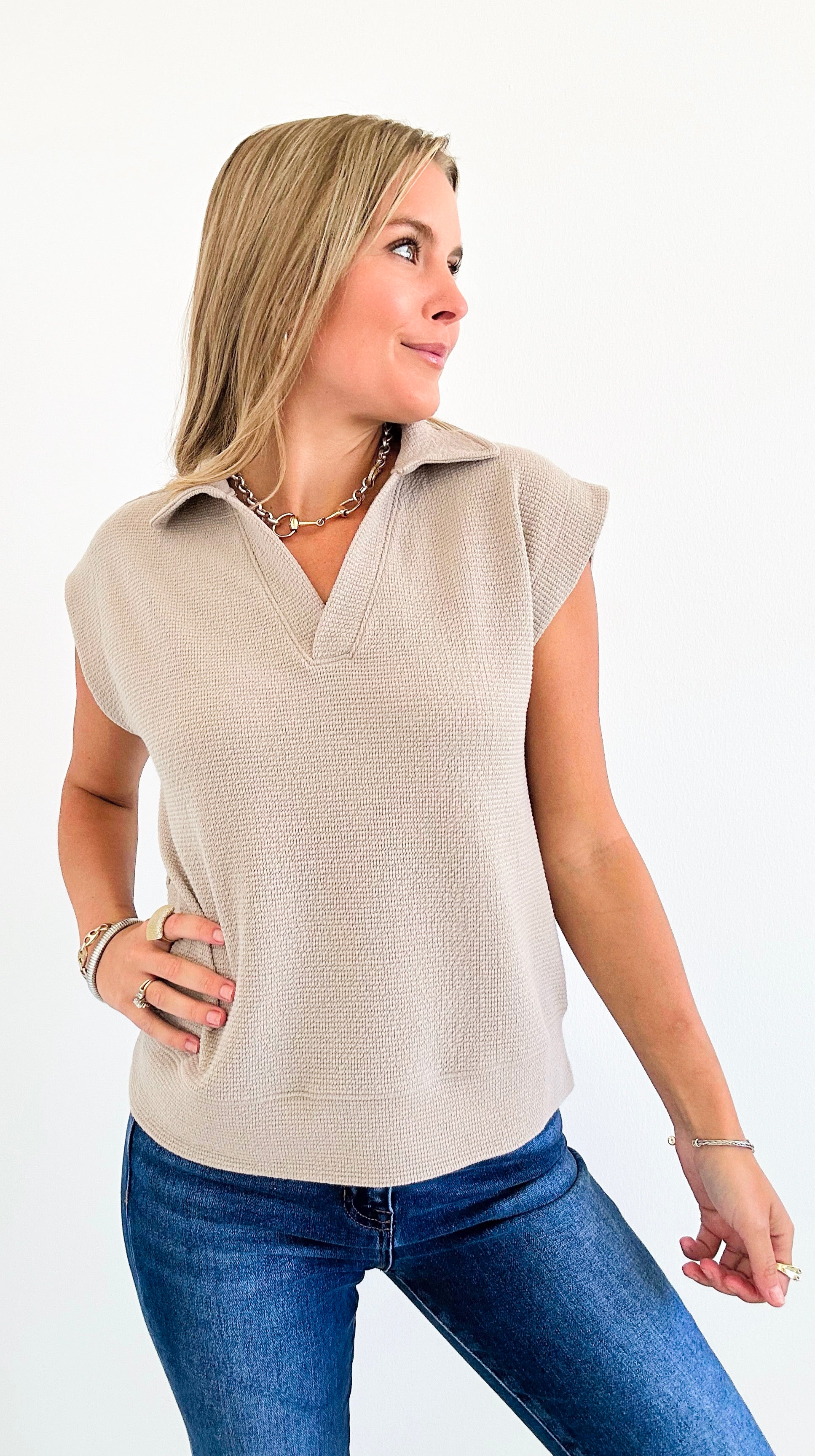 Lemon Drop Collared Knit Top - Taupe-100 Sleeveless Tops-Tres Bien-Coastal Bloom Boutique, find the trendiest versions of the popular styles and looks Located in Indialantic, FL
