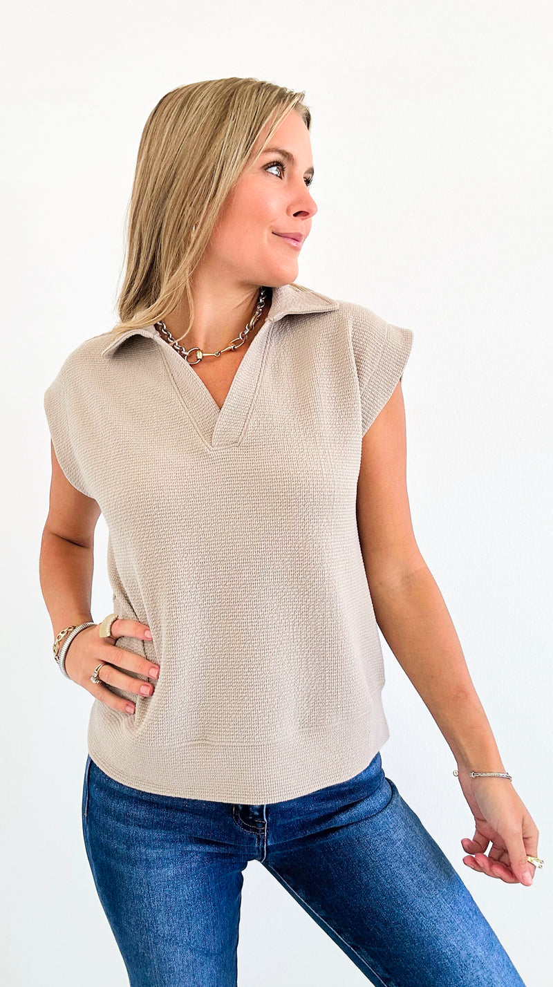 Lemon Drop Collared Knit Top - Taupe-100 Sleeveless Tops-Tres Bien-Coastal Bloom Boutique, find the trendiest versions of the popular styles and looks Located in Indialantic, FL
