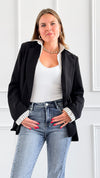 Shop City Chic Striped Blazer - Black Damage-160 Jackets-litaga-Coastal Bloom Boutique, find the trendiest versions of the popular styles and looks Located in Indialantic, FL