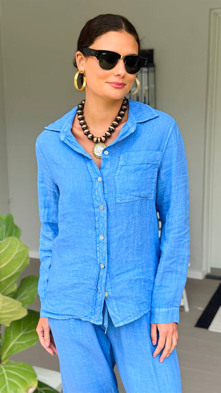 Tuscany Linen Italian Button Top- Periwinkle