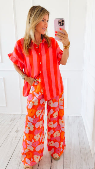Ruffle Me Up Italian Button Top- Orange/Pink
