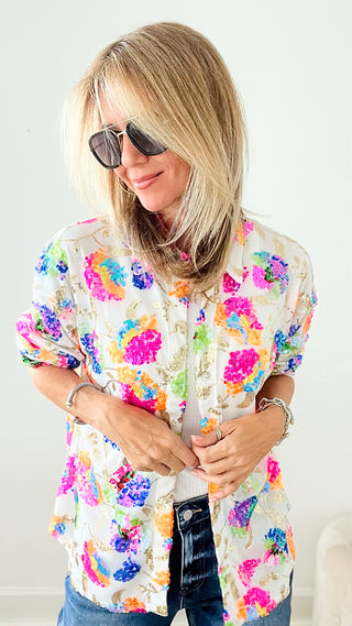 Sunny Splash Sequin Floral Button Up Blouse - White-130 Long Sleeve Tops-MAIN STRIP-Coastal Bloom Boutique, find the trendiest versions of the popular styles and looks Located in Indialantic, FL
