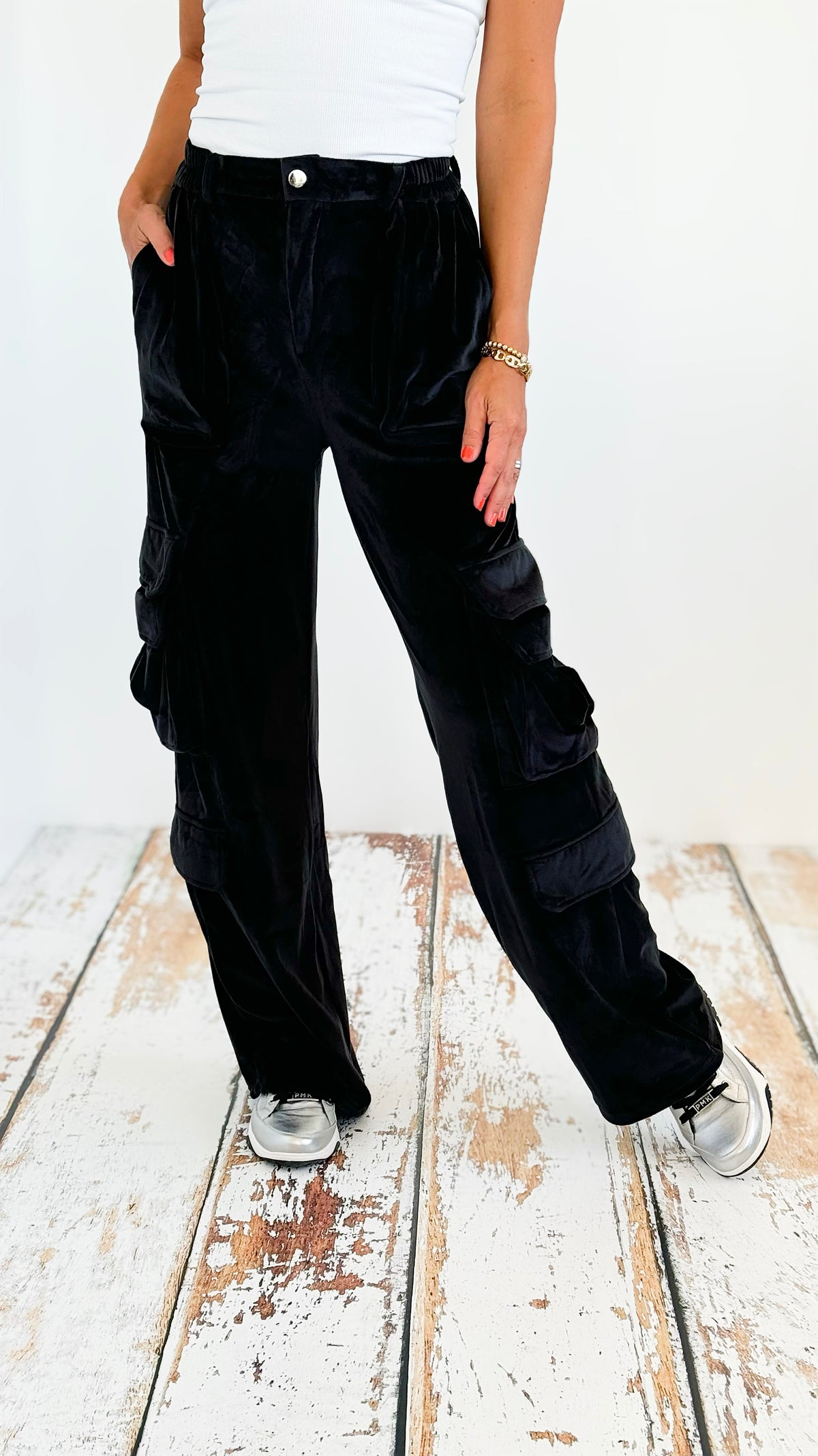 Velvet Cargo Wide Leg Pant - Black-170 Bottoms-Hot & Delicious-Coastal Bloom Boutique, find the trendiest versions of the popular styles and looks Located in Indialantic, FL