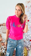 "Cheers" Lurex Embroidery Sweater - Deep Pink-140 Sweaters-Peach Love California-Coastal Bloom Boutique, find the trendiest versions of the popular styles and looks Located in Indialantic, FL
