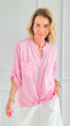 Rhinestone Striped Italian Blouse- Pink-170 Bottoms-Italianissimo-Coastal Bloom Boutique, find the trendiest versions of the popular styles and looks Located in Indialantic, FL