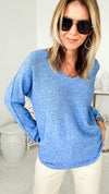 Soho Italian V-Neck Pullover - Blue-140 Sweaters-Italianissimo/ AUTE-Coastal Bloom Boutique, find the trendiest versions of the popular styles and looks Located in Indialantic, FL