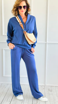 Scuba Luxe Zip Top & Pant Set-Smoky Navy-210 Loungewear/Sets-RAE MODE-Coastal Bloom Boutique, find the trendiest versions of the popular styles and looks Located in Indialantic, FL