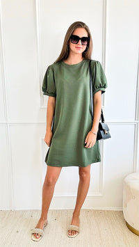 Classic Charm Italian Puff Sleeve Dress - Olive-200 dresses/jumpsuits/rompers-Italianissimo-Coastal Bloom Boutique, find the trendiest versions of the popular styles and looks Located in Indialantic, FL