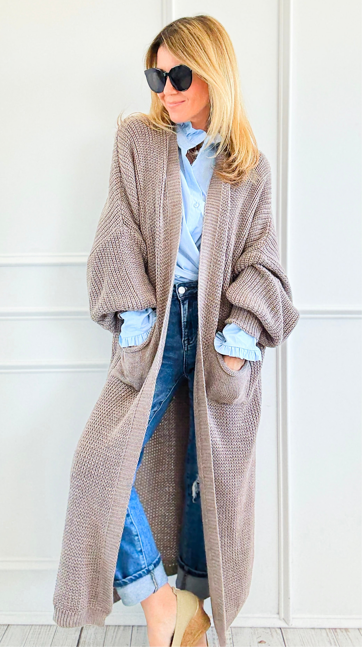 Sugar High Long Italian Cardigan - Mocha-150 Cardigans/Layers-Italianissimo-Coastal Bloom Boutique, find the trendiest versions of the popular styles and looks Located in Indialantic, FL