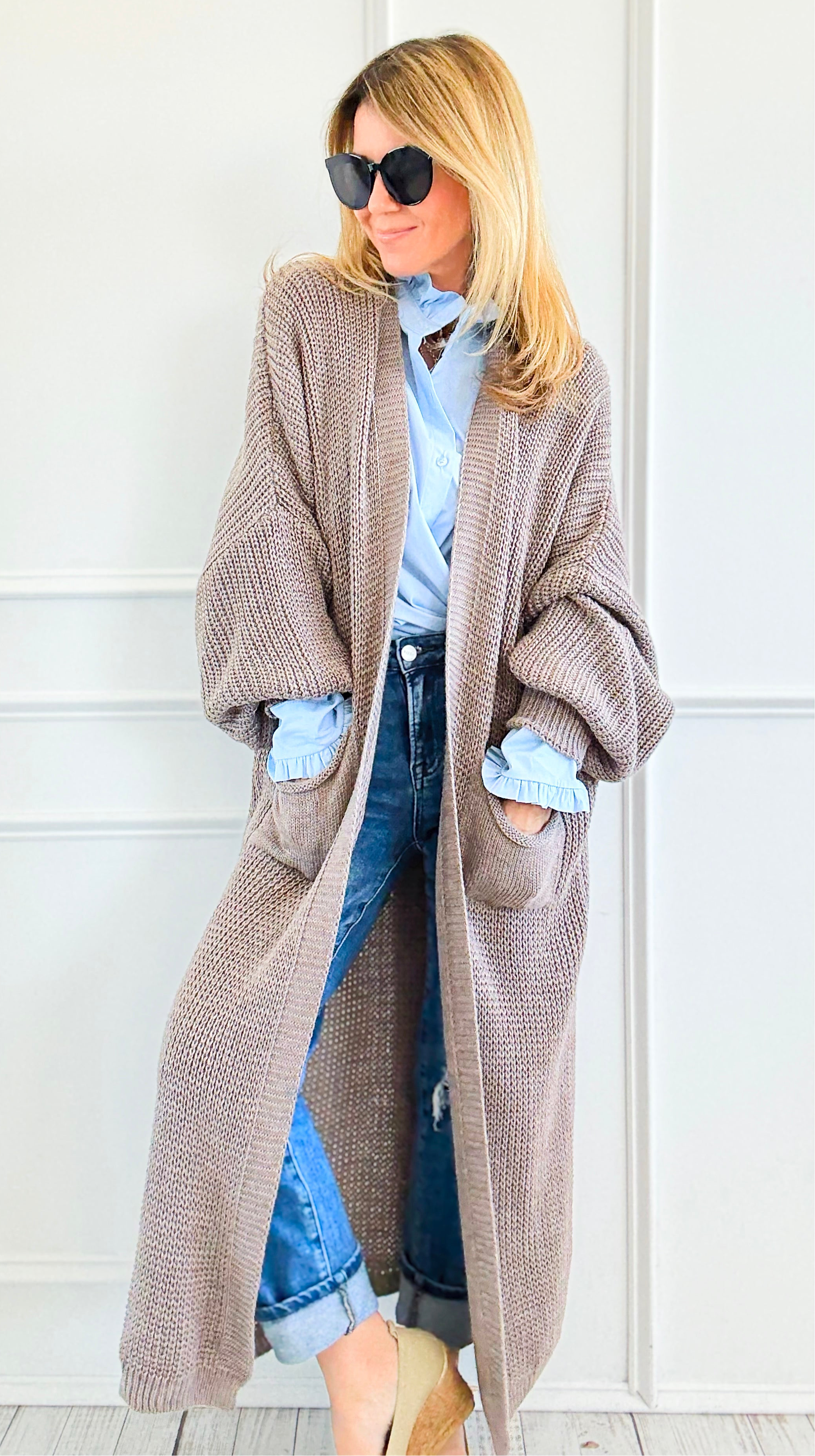 Sugar High Long Italian Cardigan - Mocha-150 Cardigans/Layers-Italianissimo-Coastal Bloom Boutique, find the trendiest versions of the popular styles and looks Located in Indialantic, FL