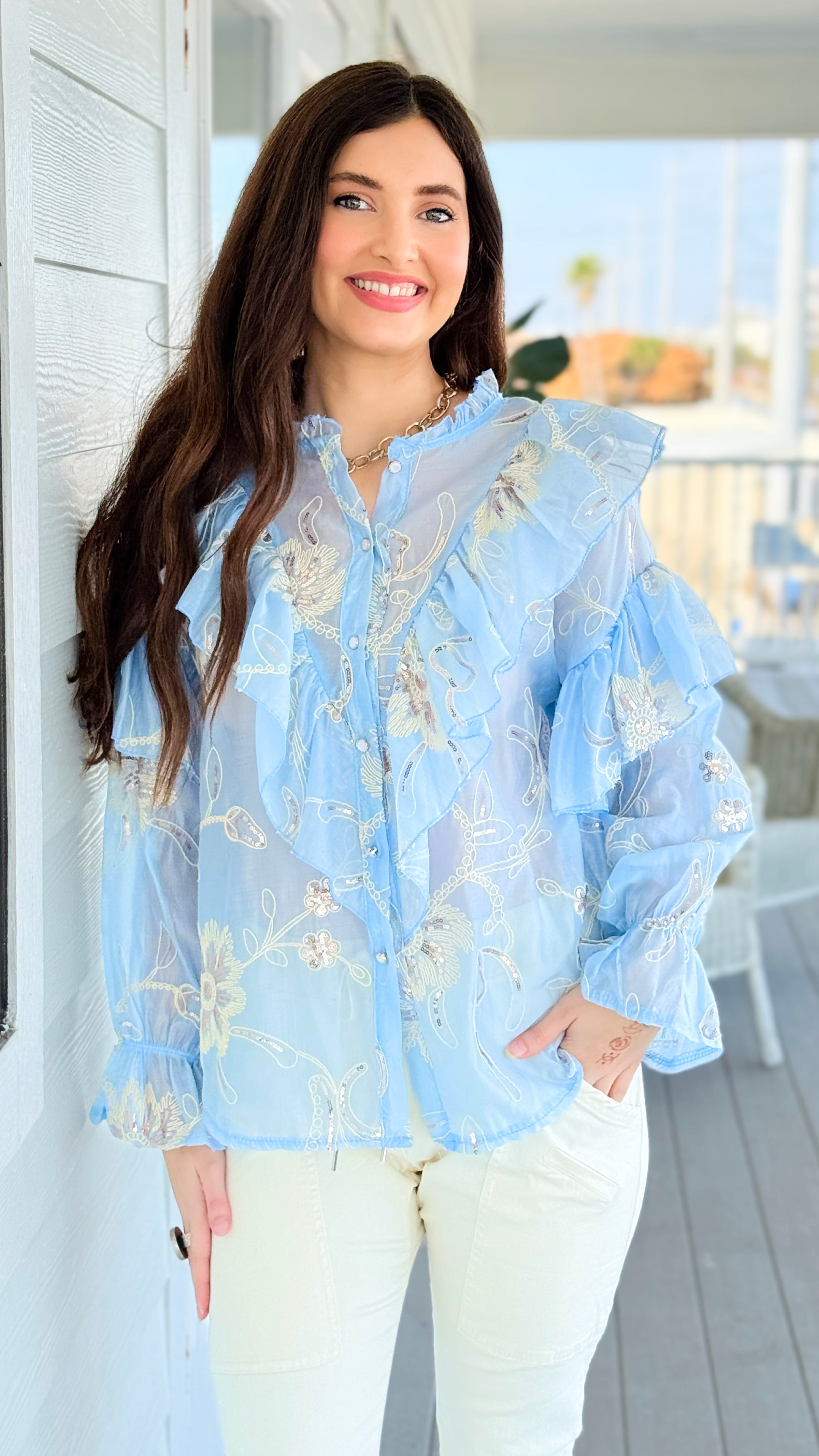 Elegance Bloom Embroidered Italian Button Top- Light Blue