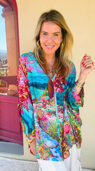 Villa In Bloom Colors Italian Blouse- Turquoise