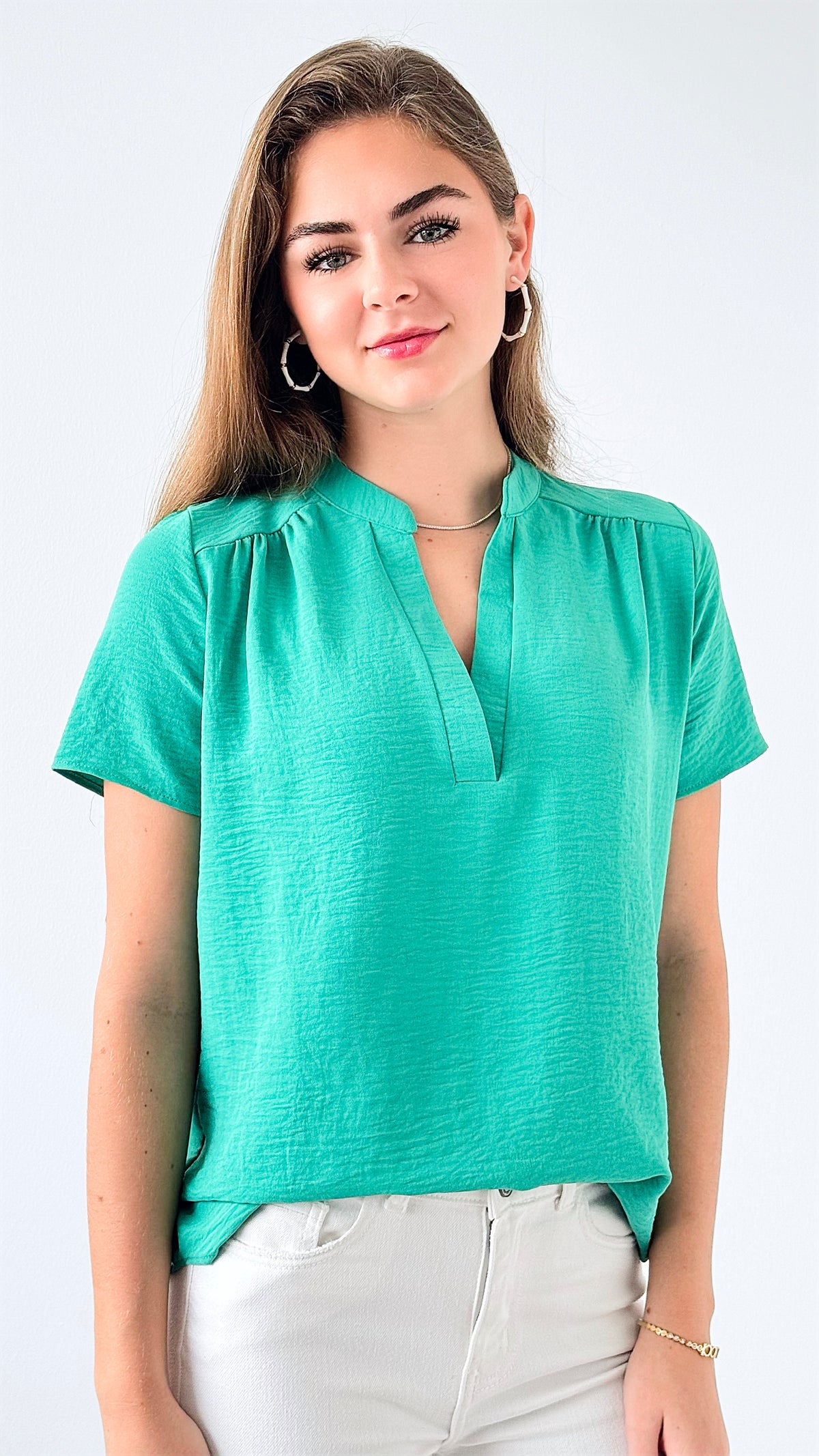 Graceful Gathered V-Neck Top - Kelly Green-110 Short Sleeve Tops-entro-Coastal Bloom Boutique, find the trendiest versions of the popular styles and looks Located in Indialantic, FL