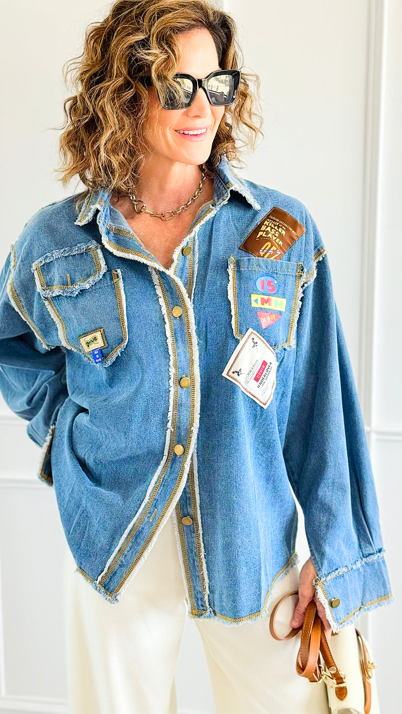 Distressed Pop Denim Top-130 Long Sleeve Tops-Weilco-Coastal Bloom Boutique, find the trendiest versions of the popular styles and looks Located in Indialantic, FL