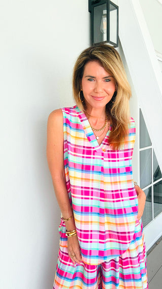 Sunshine Plaid Italian Sleeveless Top- Fuchsia