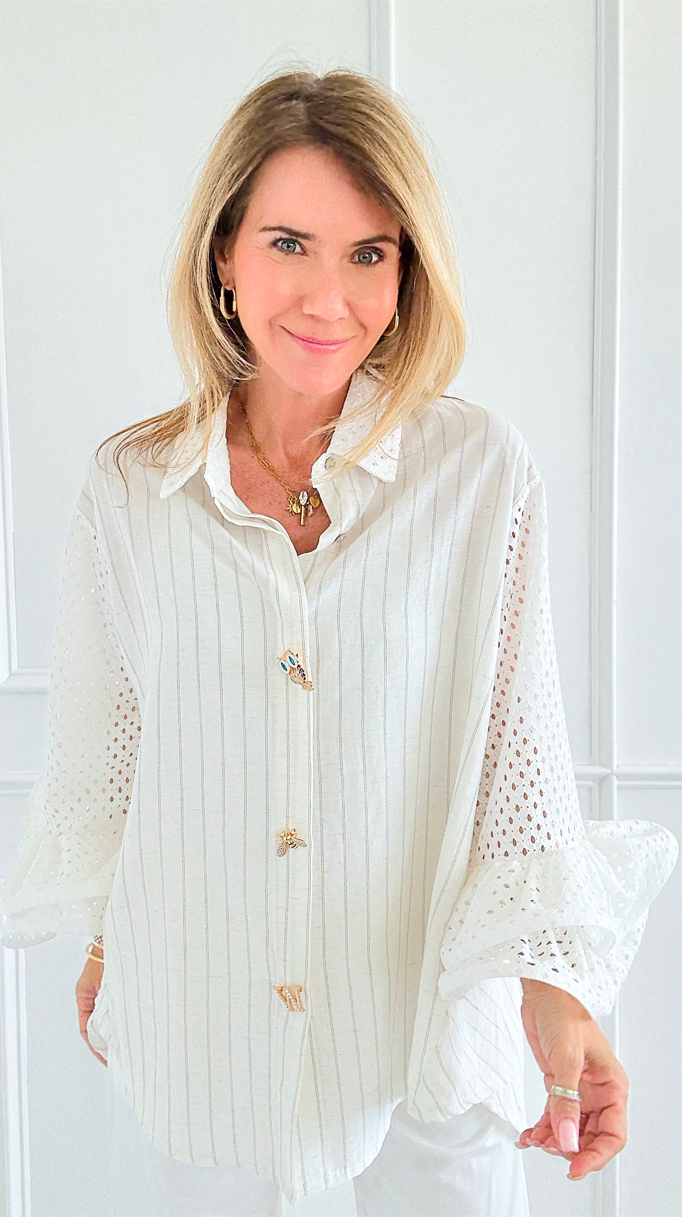 Whimsy Watch Button Detail Ruffle Bell Sleeve Italian Blouse-110 Long Sleeve Tops-TATTOO Z-Coastal Bloom Boutique, find the trendiest versions of the popular styles and looks Located in Indialantic, FL