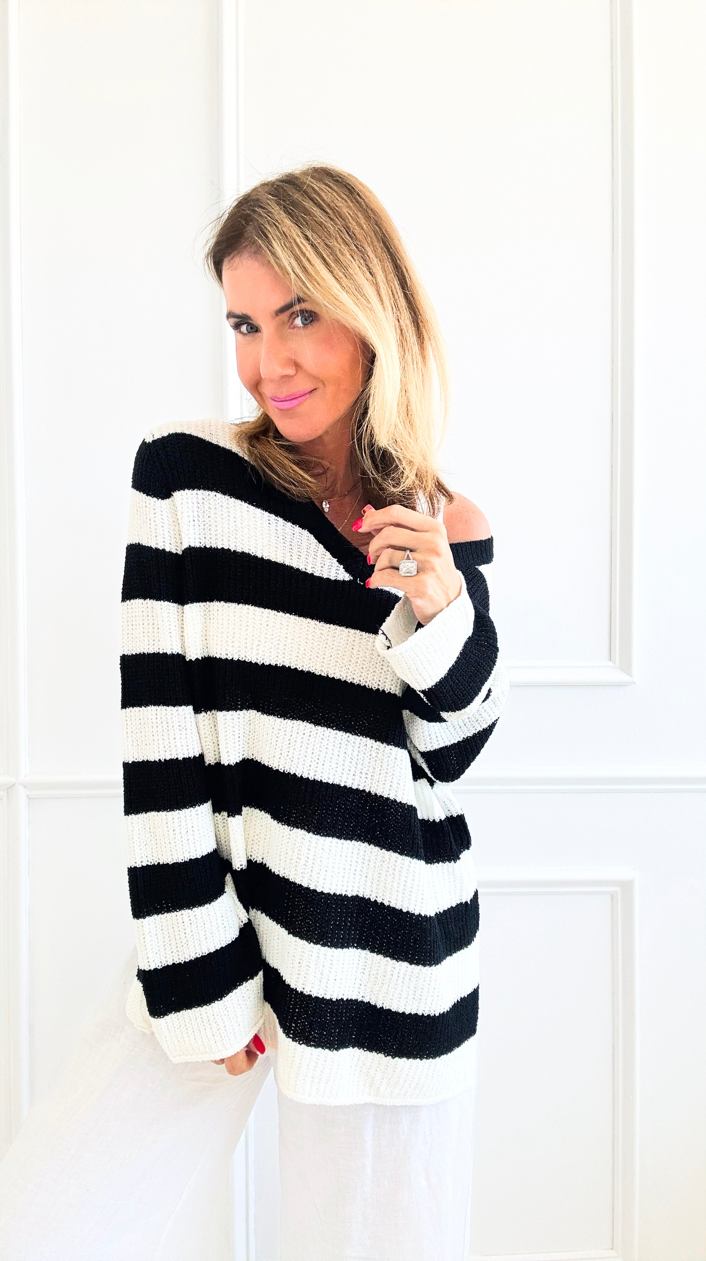 Striped V-Neck Sweater - Black/Ivory-140 Sweaters-Miracle-Coastal Bloom Boutique, find the trendiest versions of the popular styles and looks Located in Indialantic, FL