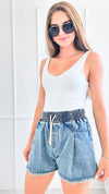 Stone Washed Waist Tie Shorts - Light Denim-170 Bottoms/Shorts-HYFVE/ee:some-Coastal Bloom Boutique, find the trendiest versions of the popular styles and looks Located in Indialantic, FL