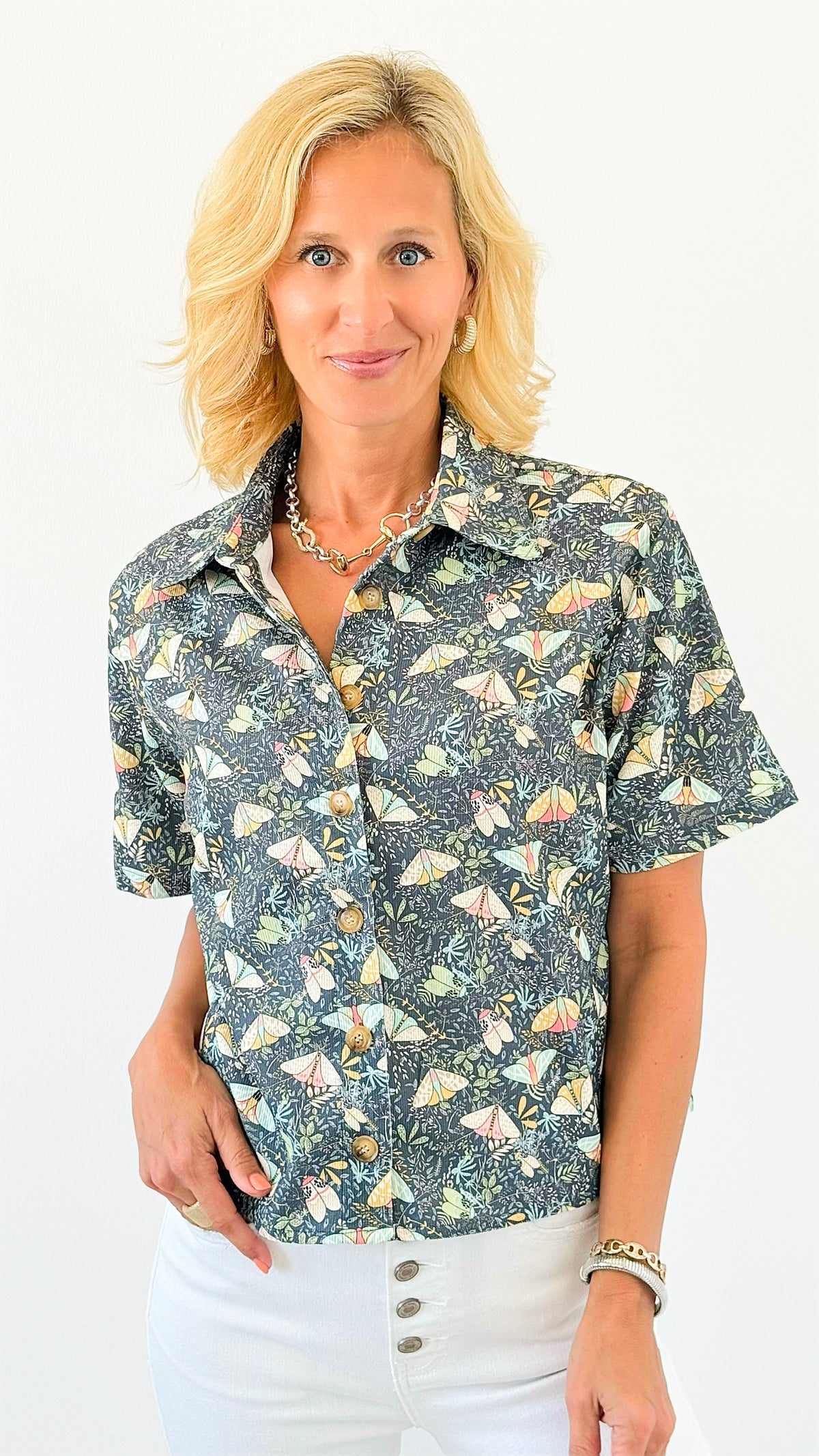 Flutter Field Moth Print Shirt-110 short Sleeve Top-SM Wardrobe Inc-Coastal Bloom Boutique, find the trendiest versions of the popular styles and looks Located in Indialantic, FL