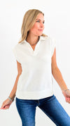 Lemon Drop Collared Knit Top - Off White-100 Sleeveless Tops-Tres Bien-Coastal Bloom Boutique, find the trendiest versions of the popular styles and looks Located in Indialantic, FL