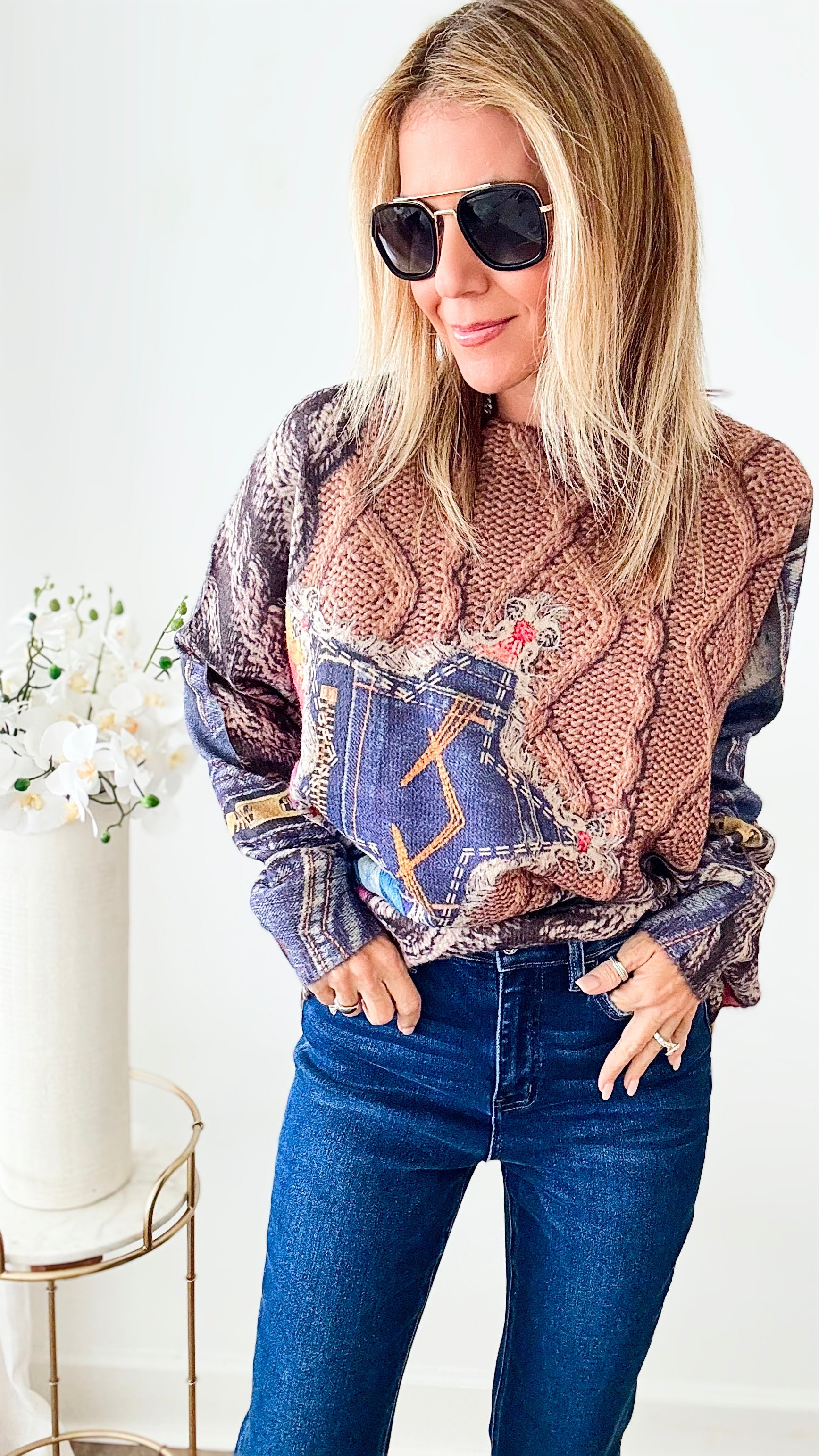 Mix Media Denim Star Knit Sweater-140 Sweaters-original usa-Coastal Bloom Boutique, find the trendiest versions of the popular styles and looks Located in Indialantic, FL