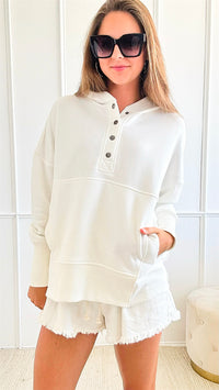 Half Button Hooded Pullover - Off White-130 Long Sleeve Tops-Zenana-Coastal Bloom Boutique, find the trendiest versions of the popular styles and looks Located in Indialantic, FL