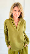 Eileen Cozy Lounge Collar Pullover Top - Camo Green-110 Long Sleeve Tops-MONO B-Coastal Bloom Boutique, find the trendiest versions of the popular styles and looks Located in Indialantic, FL