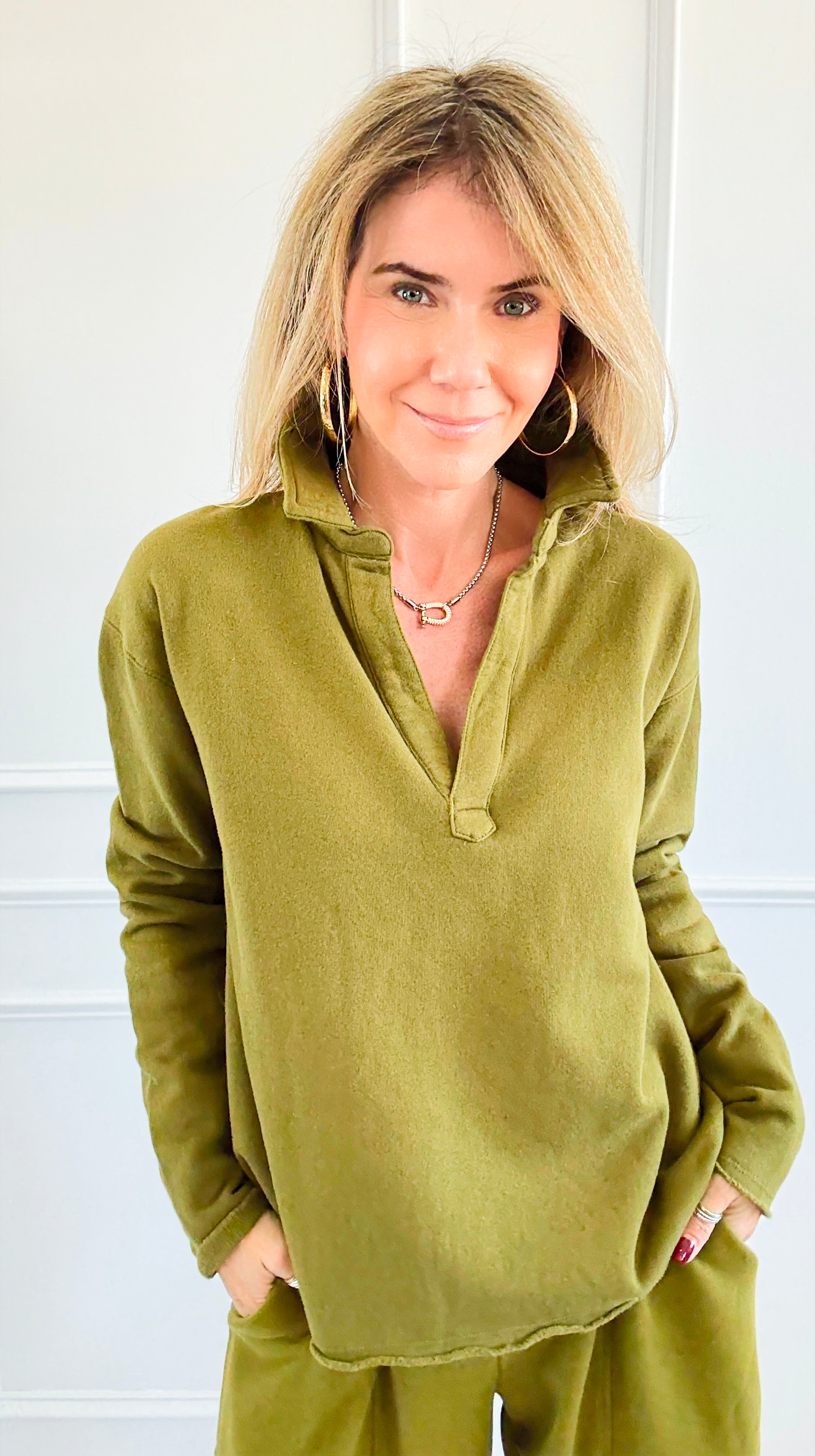Eileen Cozy Lounge Collar Pullover Top - Camo Green-110 Long Sleeve Tops-MONO B-Coastal Bloom Boutique, find the trendiest versions of the popular styles and looks Located in Indialantic, FL