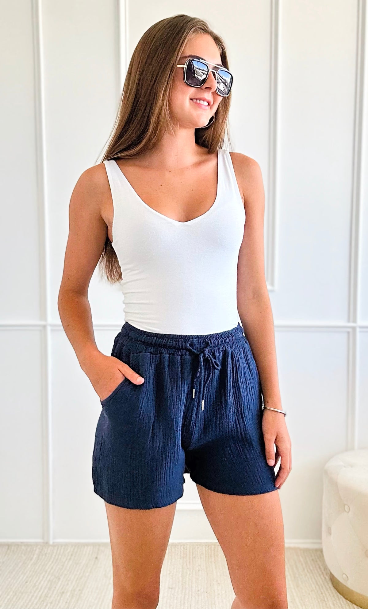 Whispering Willow Italian Short - Navy-Short-Italianissimo-Coastal Bloom Boutique, find the trendiest versions of the popular styles and looks Located in Indialantic, FL