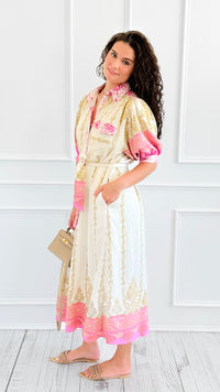 Baroque Border Belted Midi Dress-200 Dresses/Jumpsuits/Rompers-entro-Coastal Bloom Boutique, find the trendiest versions of the popular styles and looks Located in Indialantic, FL