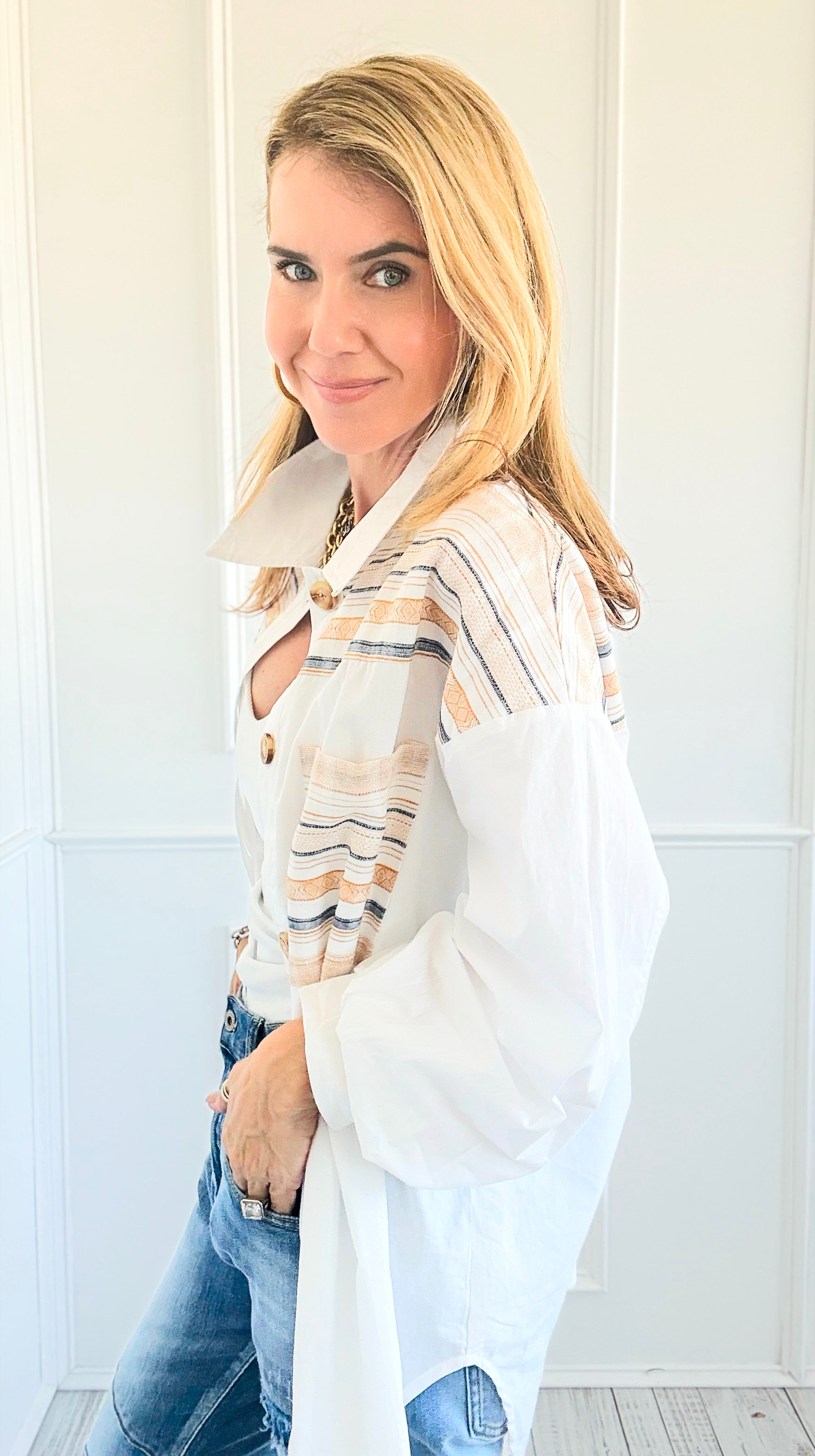 Striped Breeze Button-Up Blouse-110 Long Sleeve Tops-Rousseau-Coastal Bloom Boutique, find the trendiest versions of the popular styles and looks Located in Indialantic, FL