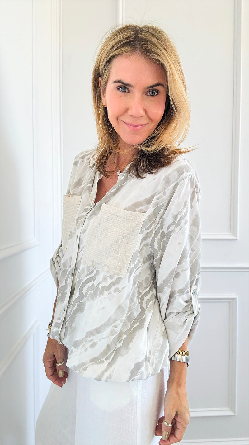 Chic Sequins Pockets Italian Blouse-130 Long Sleeve Tops-UM-Coastal Bloom Boutique, find the trendiest versions of the popular styles and looks Located in Indialantic, FL