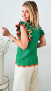 Icing Trim Ruffled Textured Knit Top - Green/Orange-110 Short Sleeve Tops-Jodifl-Coastal Bloom Boutique, find the trendiest versions of the popular styles and looks Located in Indialantic, FL