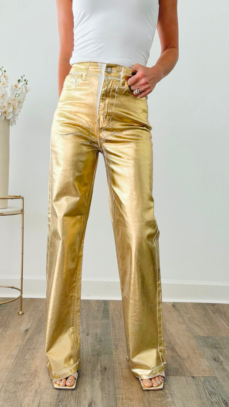 Metallic Foil Wide Leg Pants-170 Bottoms-Vibrant M.i.U-Coastal Bloom Boutique, find the trendiest versions of the popular styles and looks Located in Indialantic, FL