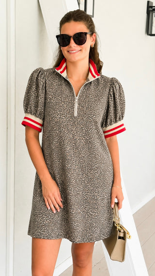 Leopard Print Zip Neck Dress - Red