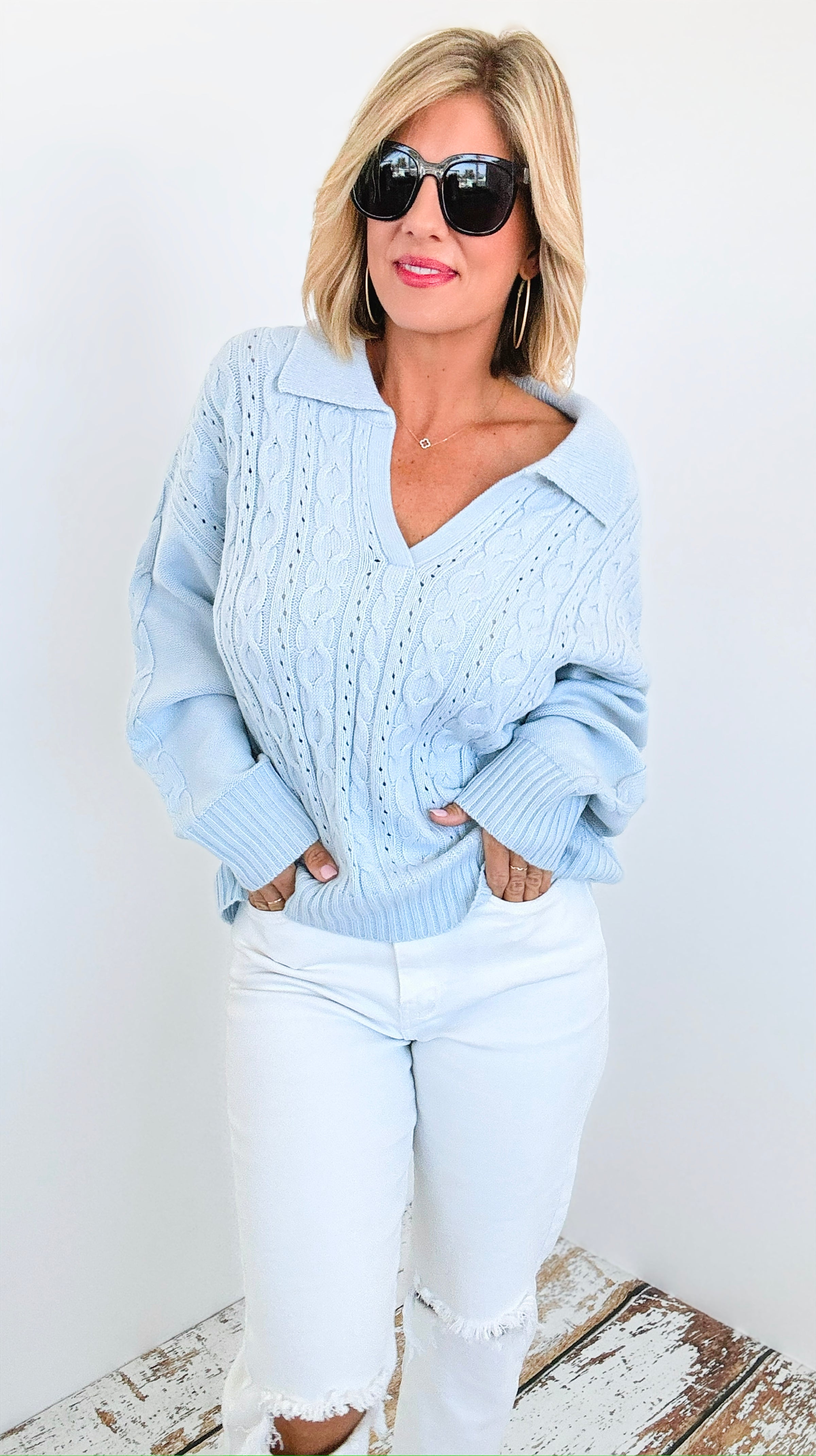 Spring Blue Crochet Collared Sweater-140 Sweaters-Rousseau-Coastal Bloom Boutique, find the trendiest versions of the popular styles and looks Located in Indialantic, FL