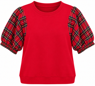 Plaid Sleeve Knit Top