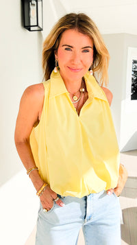 Bubble Hem Collared Sleeveless Top -Butter Yellow