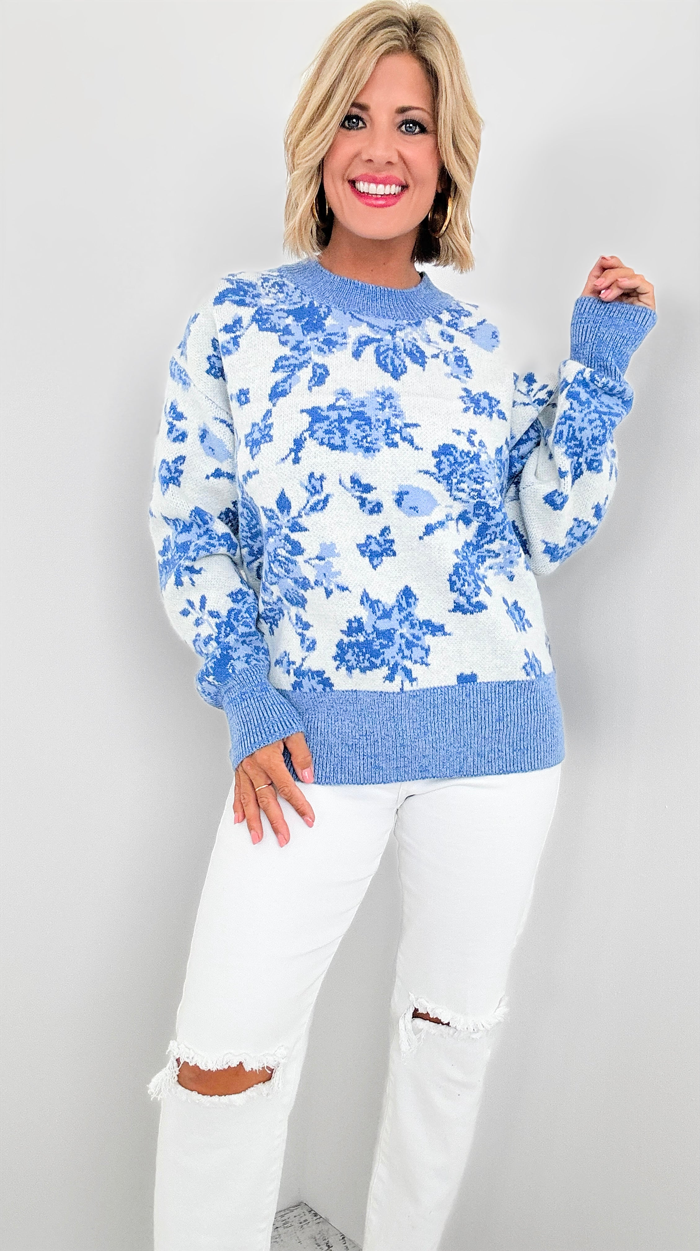 Floral Ribbed Knit Sweater-140 Sweaters-listicle-Coastal Bloom Boutique, find the trendiest versions of the popular styles and looks Located in Indialantic, FL