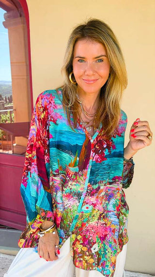 Villa In Bloom Colors Italian Blouse- Turquoise